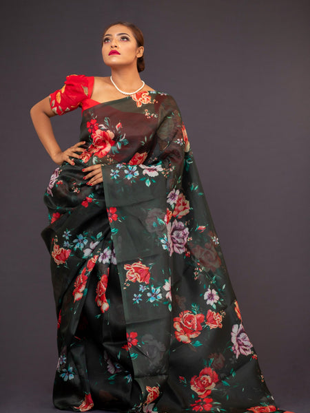 Anina Black Multicolor Floral Print Silk Organza Saree for Women Elegant Ethnic Wear