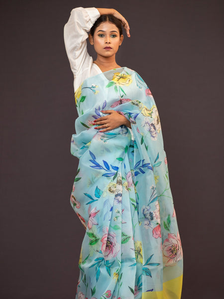 Ira Premium Sky Blue Floral Print Silk Organza Saree for Women Collection