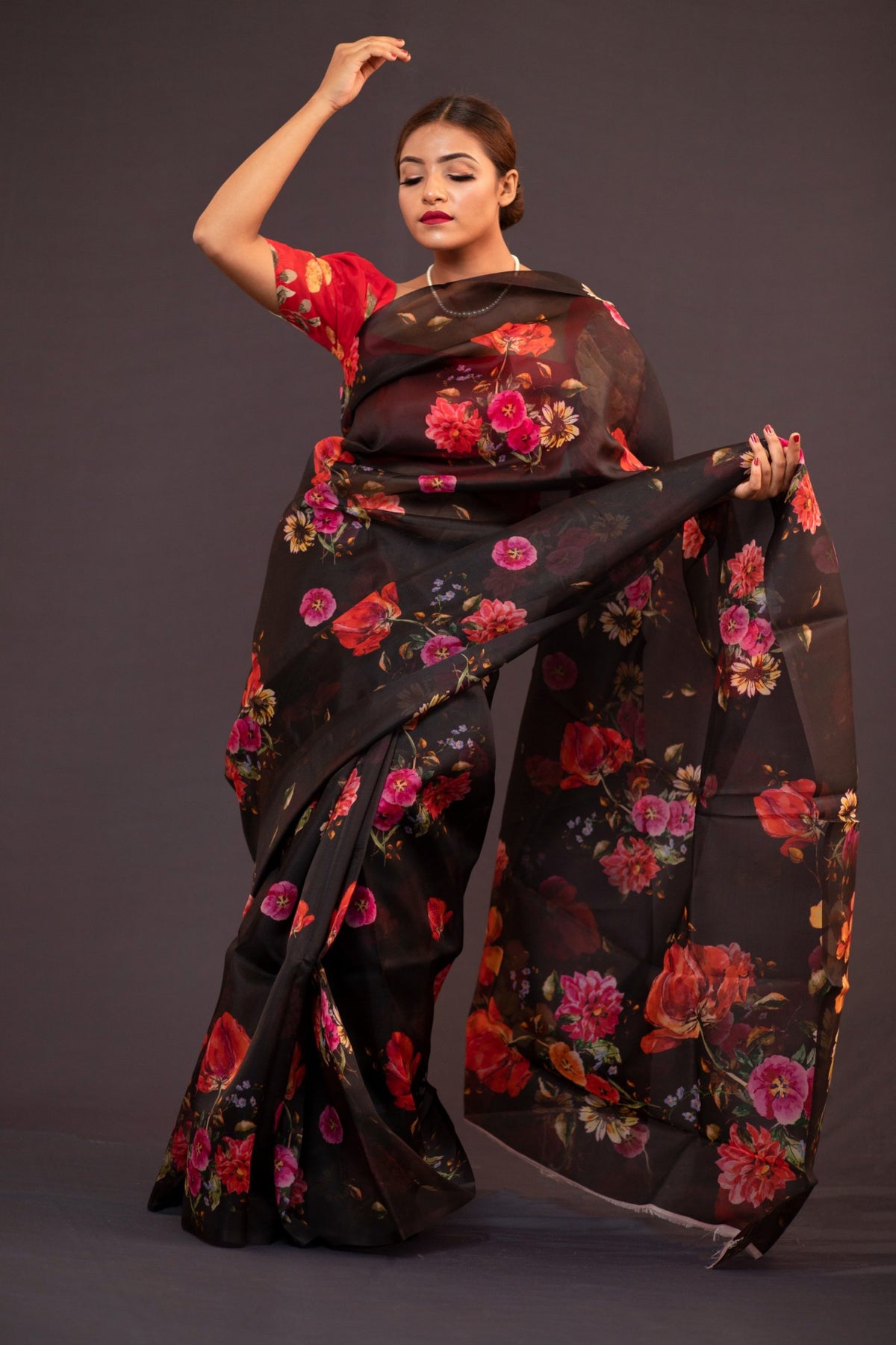 Duhita Designer Black Red Floral Print Silk Organza Saree for Wedding Wear