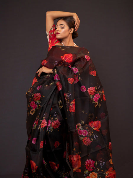 Duhita Designer Black Red Floral Print Silk Organza Saree for Wedding Wear