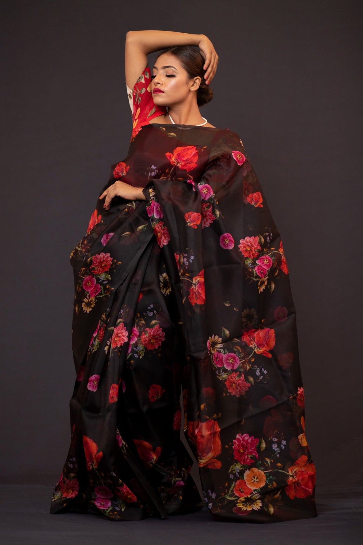 Duhita Designer Black Red Floral Print Silk Organza Saree for Wedding Wear