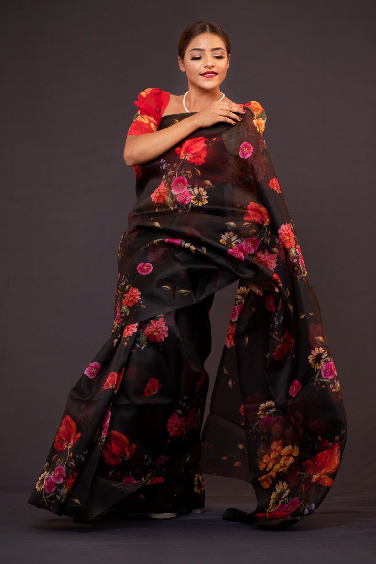 Duhita Designer Black Red Floral Print Silk Organza Saree for Wedding Wear