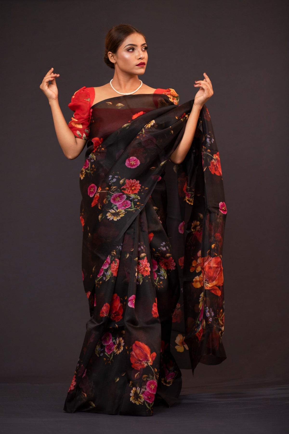 Duhita Designer Black Red Floral Print Silk Organza Saree for Wedding Wear