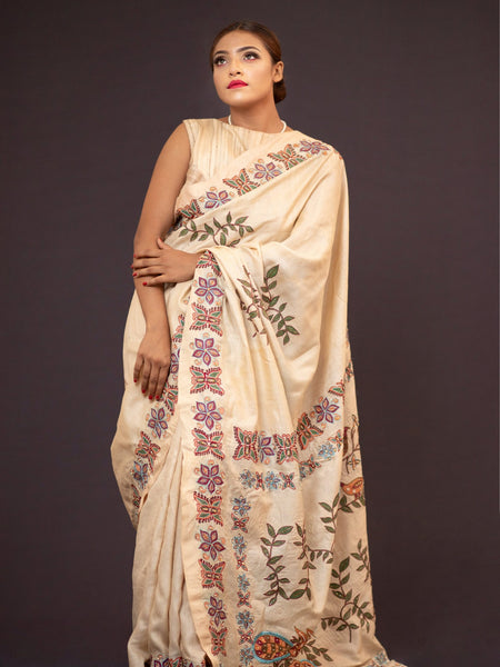 Triyashi Off White Tussar Silk Saree | Elegant Traditional Handloom Ethnic Wear Saree