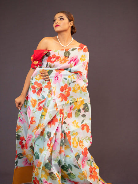Lopamudra Premium Multicolor Floral Print Silk Organza Saree for Women Collection