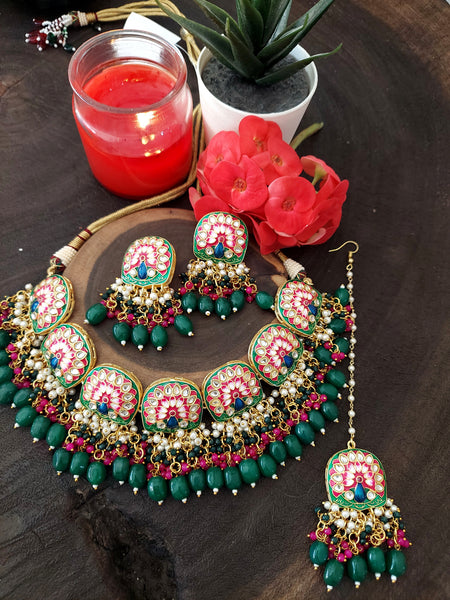 Meenakari Set Designer Ethnic Jewelry Set with Necklace, Earrings and Maang Tikka