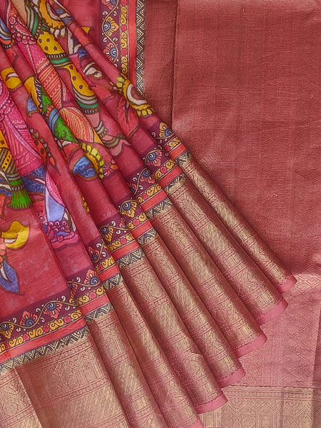 Devi Premium Peach Red Kanjivaram Silk Saree with Traditional South Indian Weave